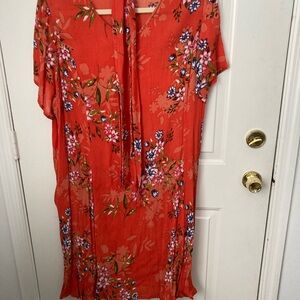 Woman Within short, sleeved, crinkle dress orange background floral size 3X tie.
